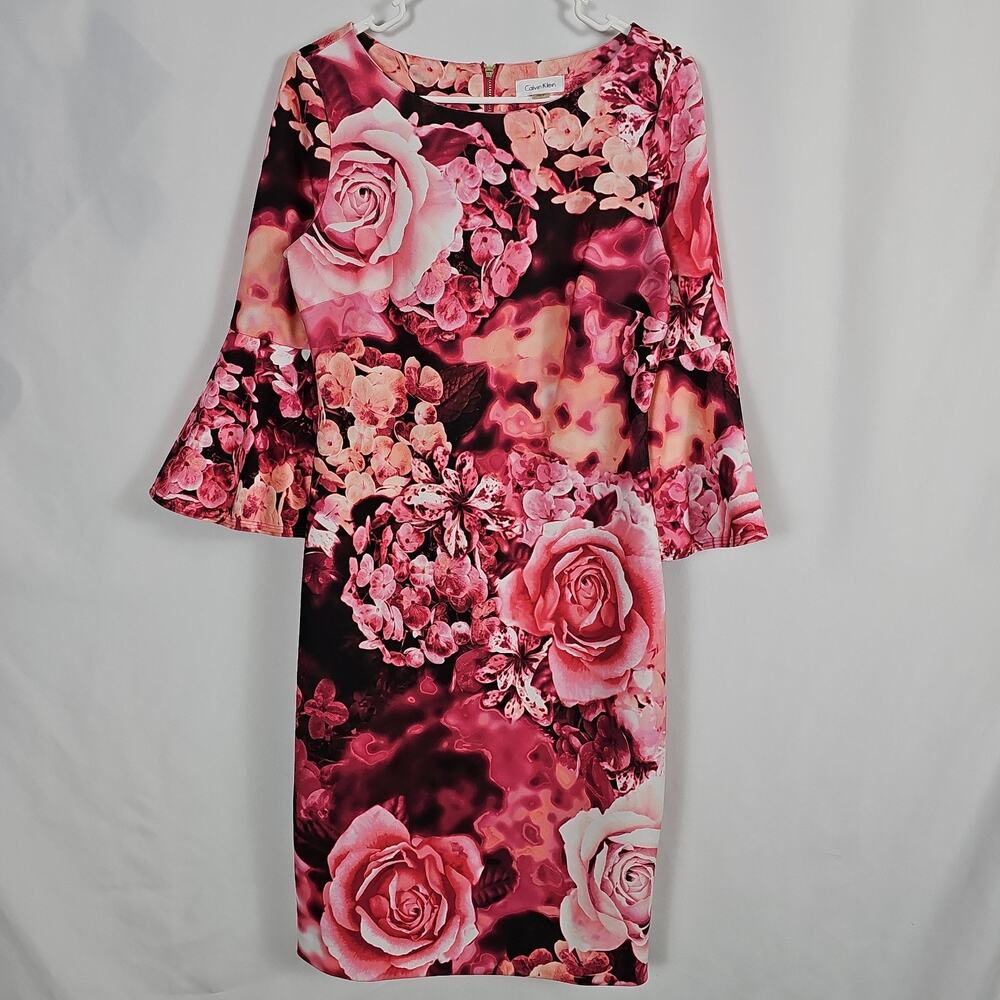 Calvin Klein Floral Bell Sleeve Sheath Dress Pink Red Rose Hibiscus Sz 8 Stretch